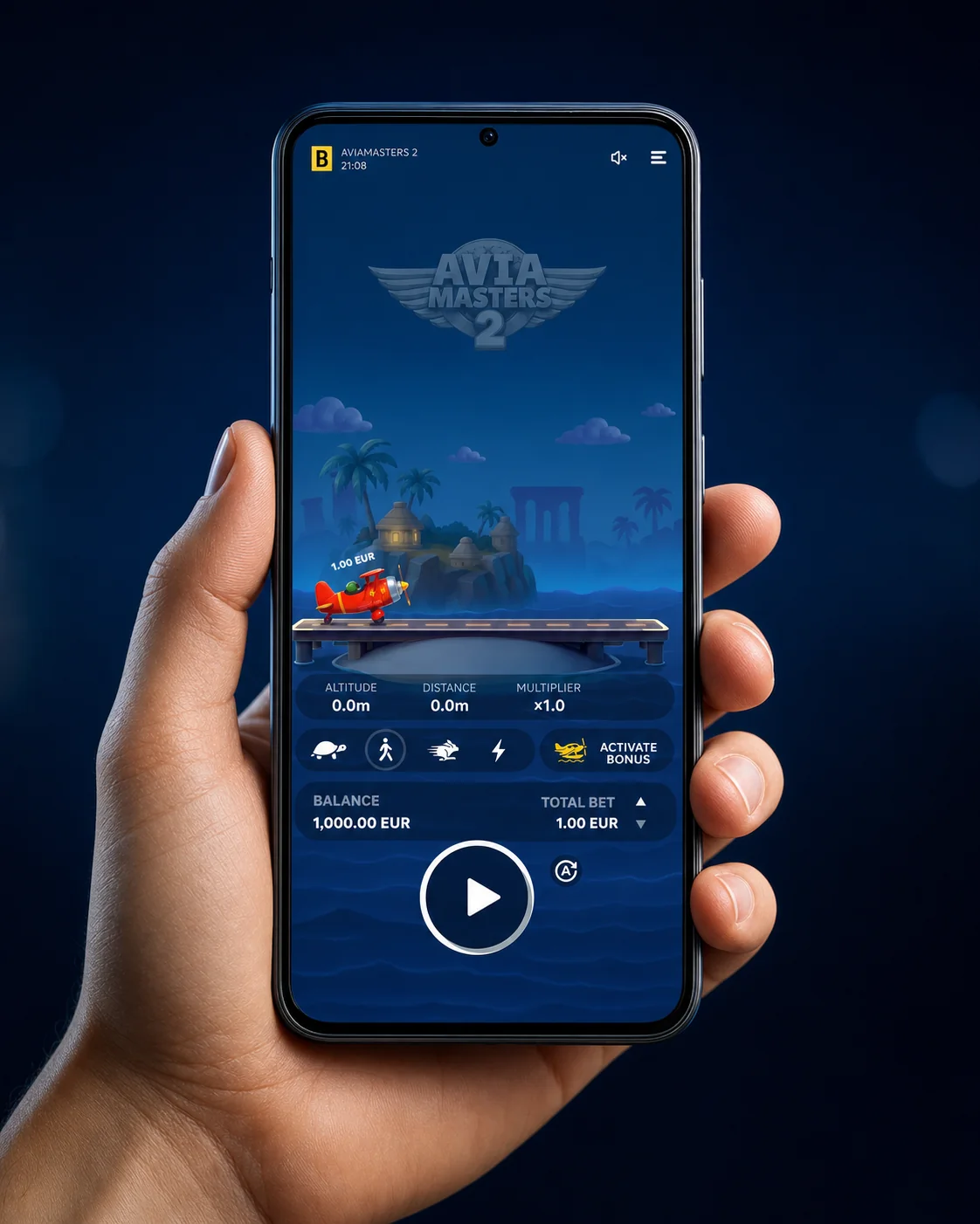 Grid of casino mobile app icons with Aviamasters loaded inside one of them on a smartphone screen
